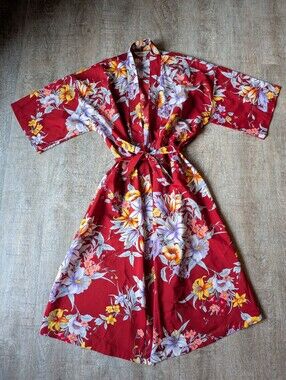 Vintage Tori Richard Honolulu Red Floral Kimono Robe 80's